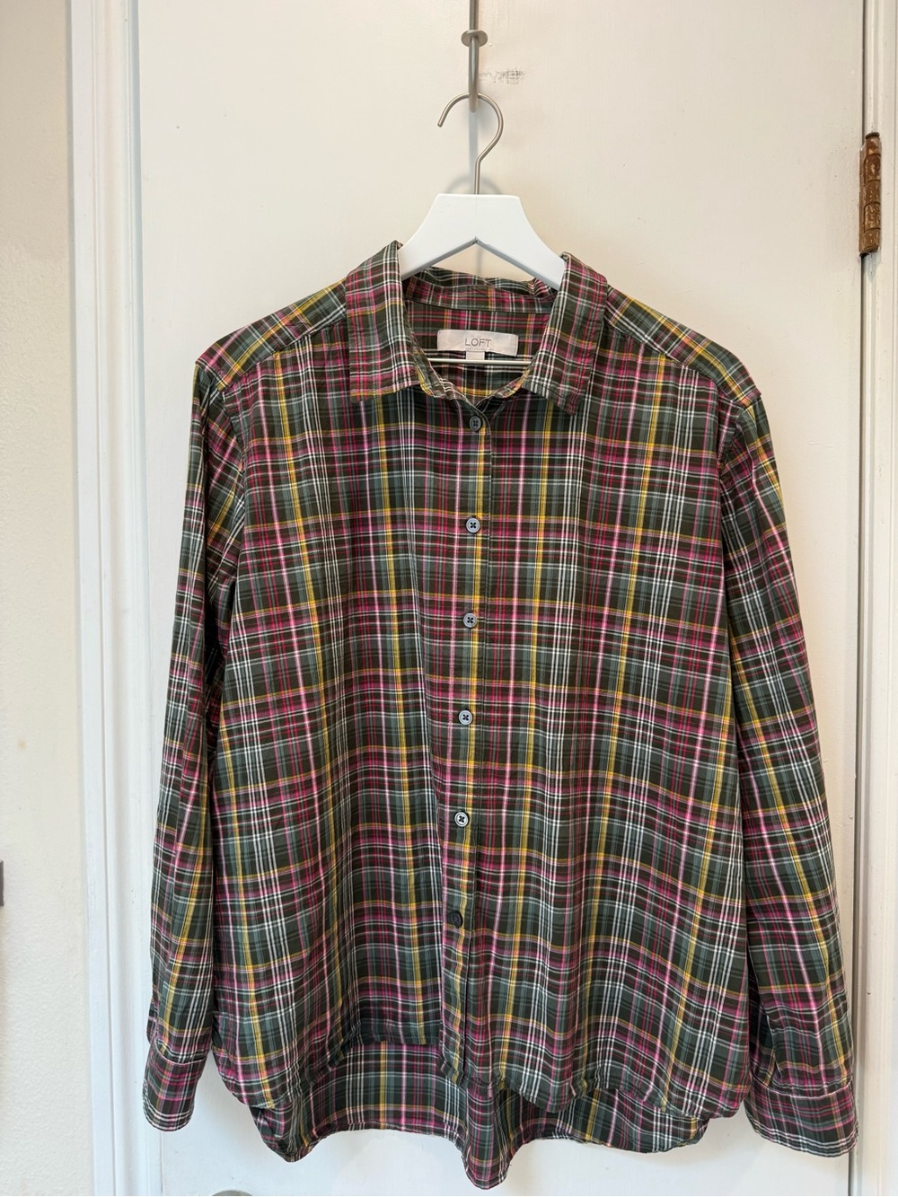 Loft Plaid Button Down Top -Pink and Green XL